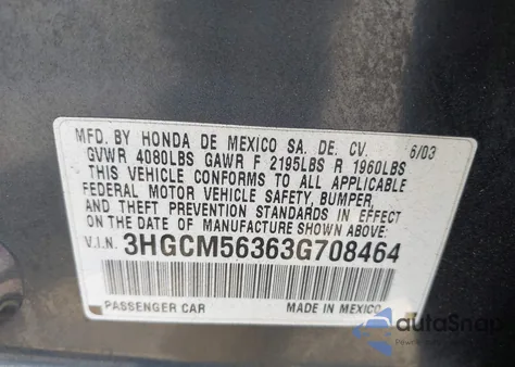2003 Honda Accord 2.4 Lx z USA, uszkodzony, nr VIN 3HGCM56363G708464